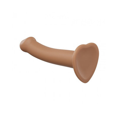 Small bendable silicone dildo with suction cup base in a warm brown tone, designed for versatile and comfortable use.