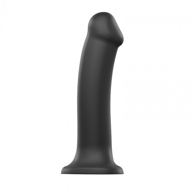 Black dual density bendable silicone dildo with suction cup base, 20 cm length, ergonomic and flexible design.