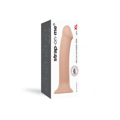 Packaging of Strap-on-me Dual Density Bendable Dildo XL in natural skin tone with product image and size details.