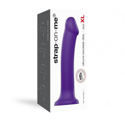 Purple dual density bendable silicone dildo XL with suction base shown on product packaging box.