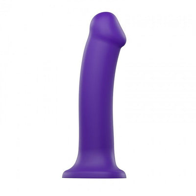 Purple dual density bendable silicone dildo with suction cup base, 20 cm length and ergonomic design.