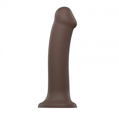 Dark brown dual density bendable silicone dildo with suction cup base, 20 cm length, ergonomic design.