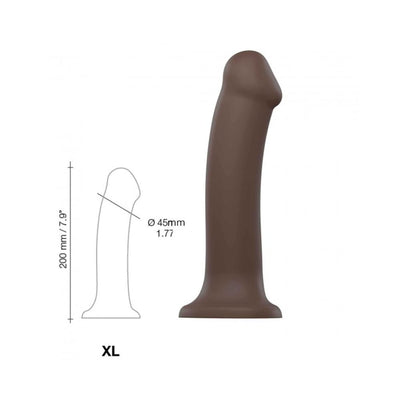XL size strap-on dildo in dark brown with bendable design and suction cup base, measuring 20 cm by 4.5 cm diameter.