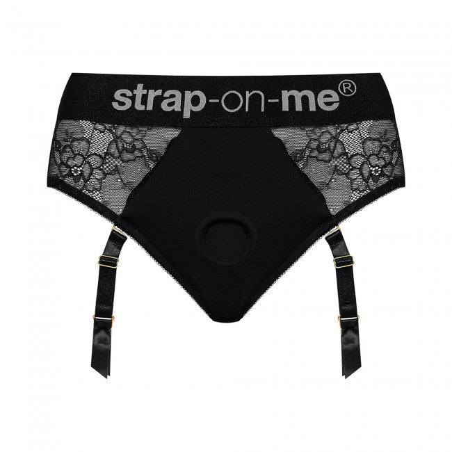 Black lace and microfiber strap-on harness with adjustable garter straps and branded elastic waistband