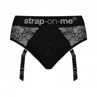 Black lace and microfiber strap-on harness with adjustable garter straps and branded elastic waistband
