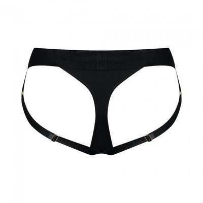 Black adjustable strap-on harness with elastic waistband and sleek, minimal design.