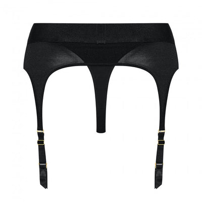 Black adjustable strap-on harness lingerie with garter belts and elastic waistband in a sleek, minimalist design.