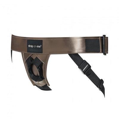 Adjustable brown leatherette strap-on harness with black elastic and velcro closures for secure fit.