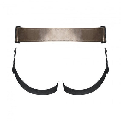Leatherette strap-on harness with adjustable black thigh straps and wide back support panel in brown.