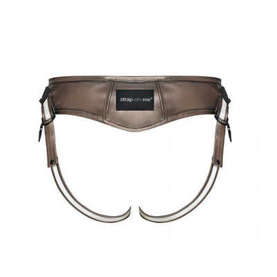 Brown leatherette adjustable strap-on harness with padded back and metal buckles, designed for comfort and stability.