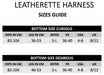 Size guide chart for Strap-On-Me leatherette harnesses showing hip and leg measurements with corresponding international, French, USA, and UK sizes.