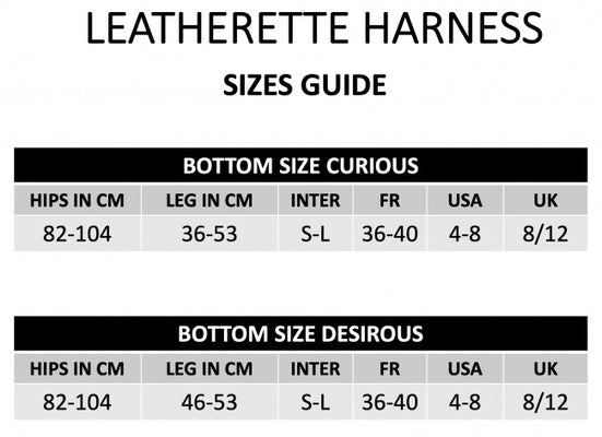 Size guide chart for Strap-On-Me leatherette harnesses showing hip and leg measurements with corresponding international, French, USA, and UK sizes.