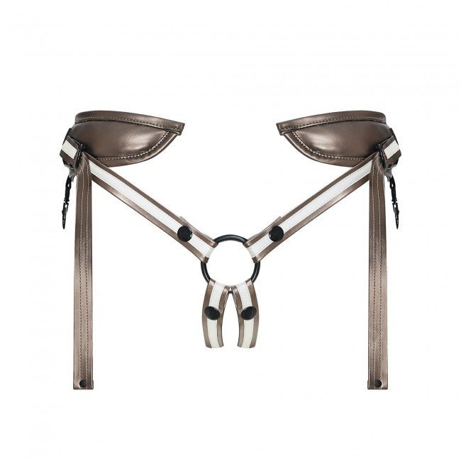 Adjustable brown leatherette strap-on harness with padded back straps and central O-ring for dildo attachment.