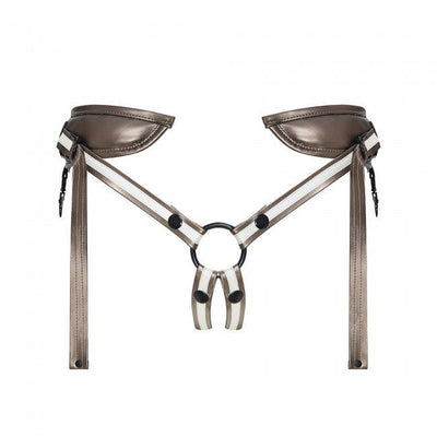 Adjustable brown leatherette strap-on harness with padded back straps and central O-ring for dildo attachment.