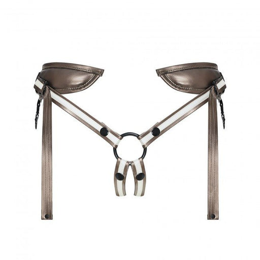 Adjustable brown leatherette strap-on harness with padded back straps and central O-ring for dildo attachment.