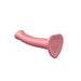 Medium-sized pink silicone dildo with a heart-shaped suction base, designed for hands-free use and harness compatibility.
