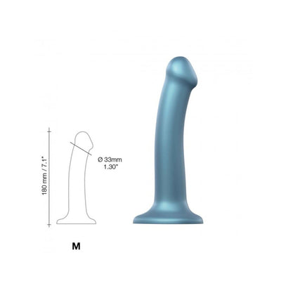 Medium-sized metallic blue silicone dildo with suction base and dimensions shown in diagram.