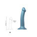 Medium-sized metallic blue silicone dildo with suction base and dimensions shown in diagram.