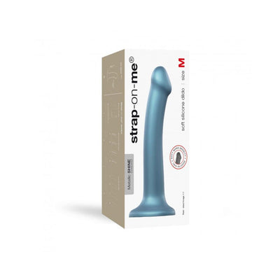 Medium-sized metallic blue silicone dildo with suction base shown on product packaging box.