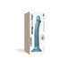 Medium-sized metallic blue silicone dildo with suction base shown on product packaging box.