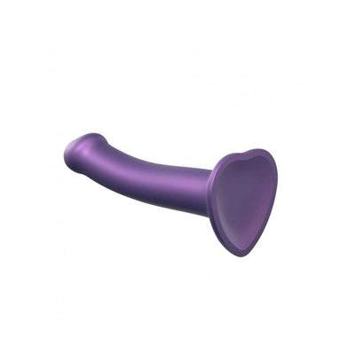 Medium-sized purple silicone dildo with a heart-shaped suction base, smooth curved design.