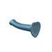 Medium-sized metallic blue silicone dildo with heart-shaped suction base, smooth curved design for versatile use.