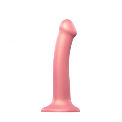 Medium-sized pink silicone dildo with a suction cup base and smooth, curved design.