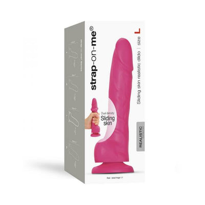 Packaging box of a large pink dual-density sliding skin realistic dildo by Strap-on-me with product features highlighted.