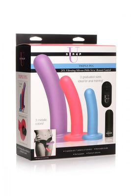Packaging of Strap U Triple Peg 28X silicone dildo set in purple, pink, and blue with remote control shown.