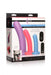 Packaging of Strap U Triple Peg 28X silicone dildo set in purple, pink, and blue with remote control shown.