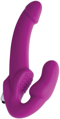 Pink strapless silicone vibrating dildo with curved design and textured clitoral stimulator.
