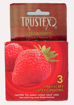 Pack of three Trustex strawberry flavored latex condoms with lubricated reservoir tip in red packaging.