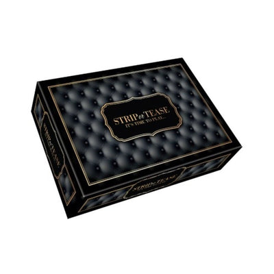 Black tufted game box with gold trim labeled Strip or Tease, designed for playful adult entertainment.