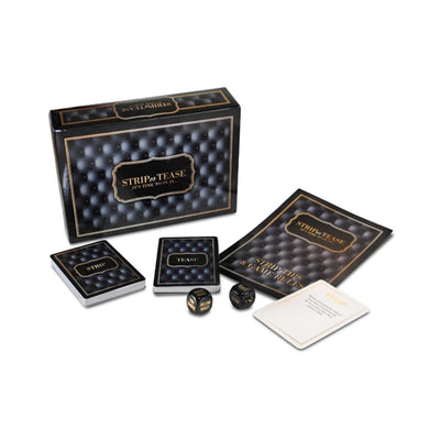 Strip or Tease game set with black and gold box, two decks of cards, dice, and a game rules booklet on white background.