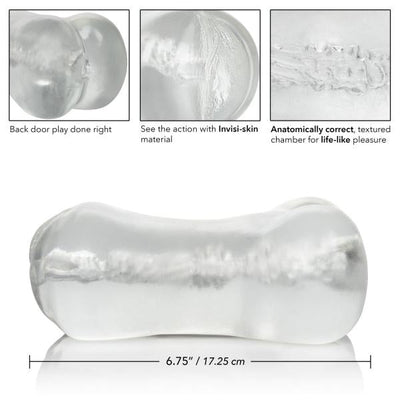 Clear dual-ended stroker sleeve with anatomically textured chambers and soft Invisi-Skin material for realistic sensation.