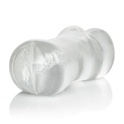 Clear double-ended stroker sleeve with textured tight chambers for dual entry pleasure.