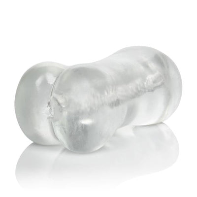 Clear dual-ended stroker sleeve with textured interior for versatile pleasure.