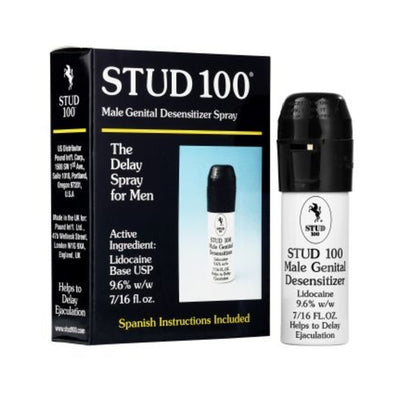 Stud 100 Male Genital Desensitizer Spray with black and white packaging, designed to help delay ejaculation.