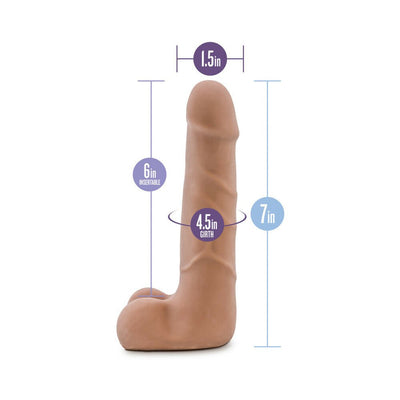 Realistic flesh-toned dildo with measurements showing 7-inch length, 6-inch insertable, 4.5-inch girth, and 1.5-inch diameter.