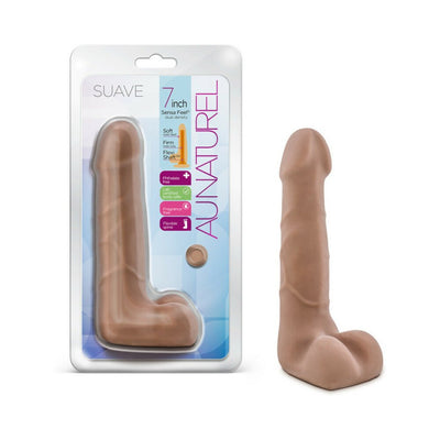 7-inch Au Naturel Suave Latin dual density realistic dildo with flexible spine and plush balls in packaging and unpackaged view.
