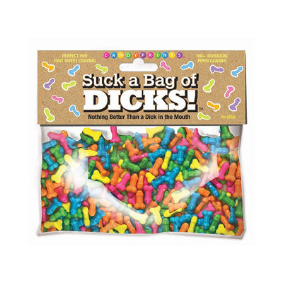 Colorful novelty candies in a clear bag labeled Suck a Bag of Dicks, perfect for bachelorette parties and fun celebrations.