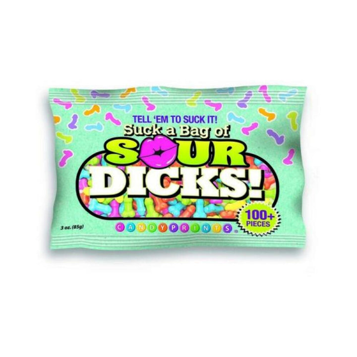 Colorful bag of sour fruit-flavored novelty candies with playful packaging and over 100 pieces inside.