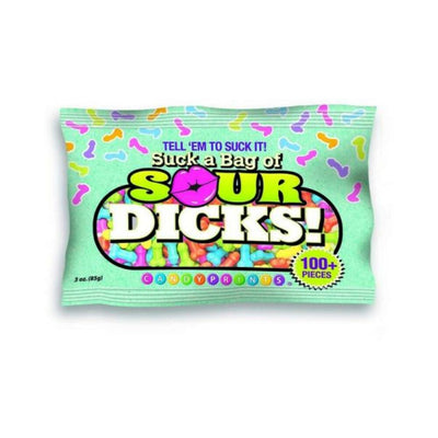 Colorful bag of sour fruit-flavored novelty candies with playful packaging and over 100 pieces inside.