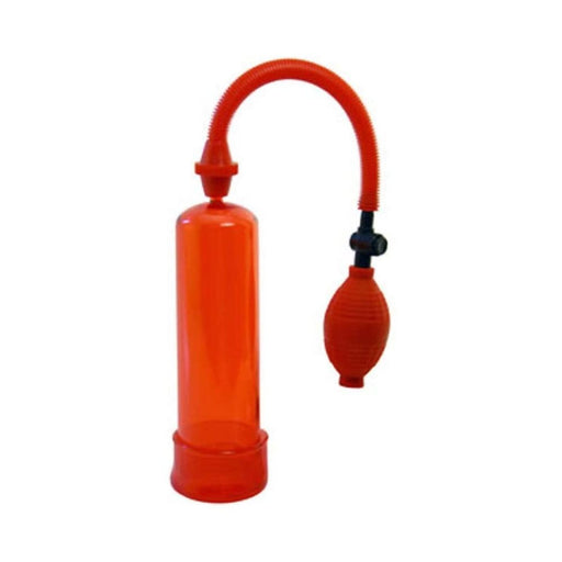 Red suction pump enlarger with flexible hose and hand pump bulb on white background