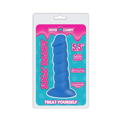 Blue 5.5-inch twisted silicone shaft adult toy with suction cup base in retail packaging