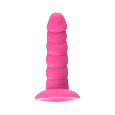 Pink silicone textured adult toy with suction cup base, 5.5 inches long, designed for versatile pleasure.