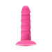 Pink silicone textured adult toy with suction cup base, 5.5 inches long, designed for versatile pleasure.