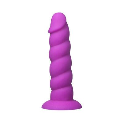 Purple silicone twisted shaft dildo with suction cup base, 7 inches long.