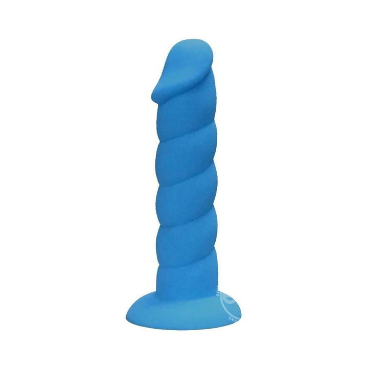 Blue 7-inch twisted silicone dildo with flared suction cup base for hands-free and harness play.