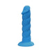 Blue 7-inch twisted silicone dildo with flared suction cup base for hands-free and harness play.